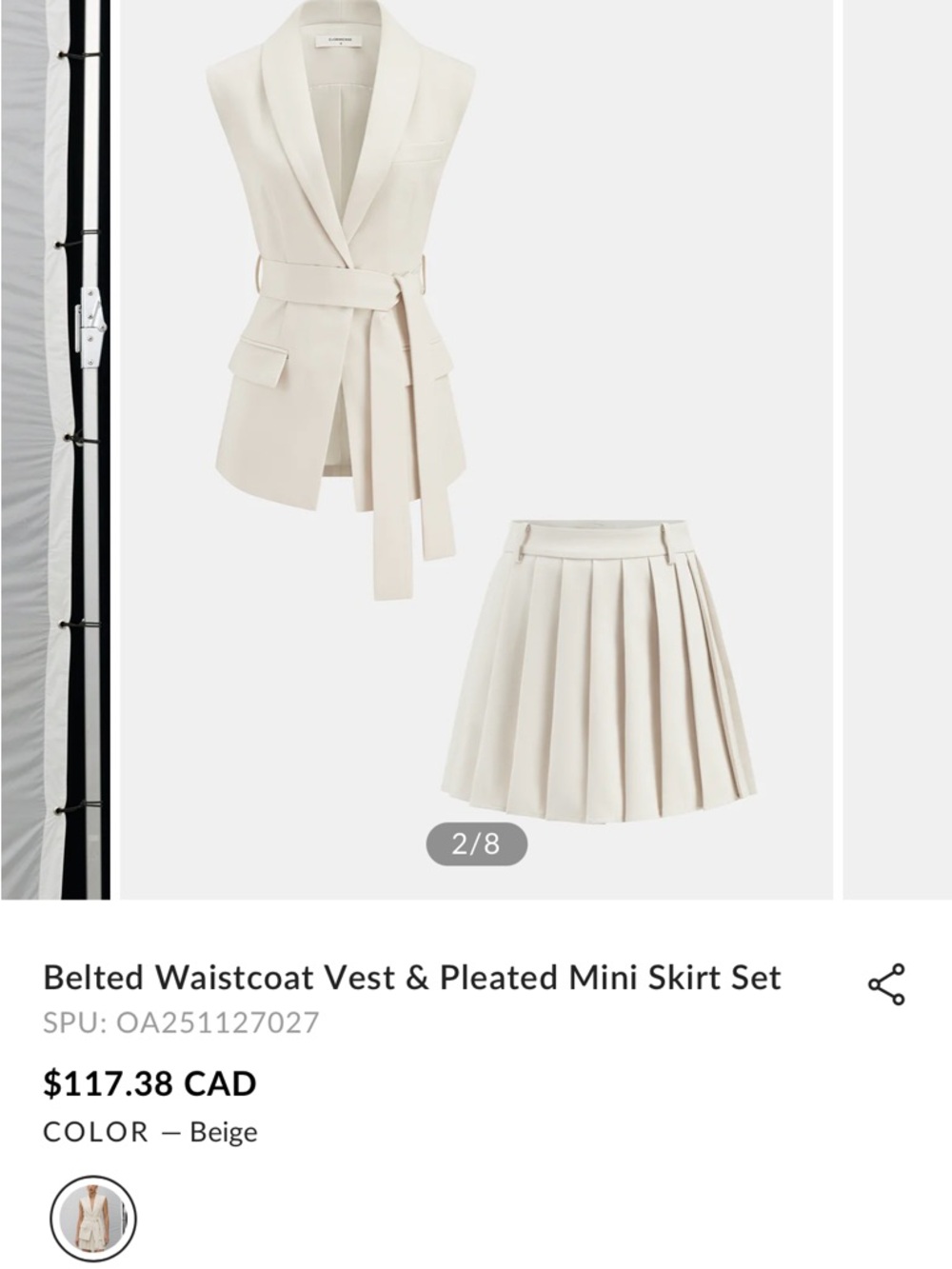 Commense Beige Belted Waistcoat Vest & Pleated Mini Skirt Set - Picture 2 of 3